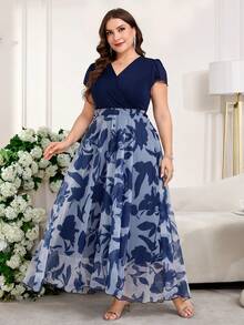 Reflora 大码女士优雅印花连衣裙，夏季婚礼宾客礼服 - 藏蓝色 - 查看 3