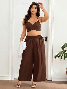 Lounesse 大码休闲纯色长袖上衣和裤子套装 女式两件套 休闲女式度假套装 女式套装 棕色阔腿裤套装 女式两件套 - 彩色 - 查看 2
