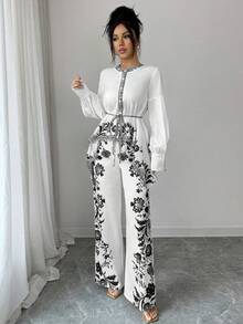 Elenzga Women's 2-Piece Set: Elegant Chinoiserie Print Round Neck Blouse With Tie Waist And Asymmetrical Hem, Paired With Elastic Waist Printed Straight Leg Pants, Outfit - Multicolor - View 3