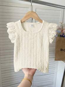 SHEIN Pink,Summer Young Girl Floral Vacation Style Beaded Ruffled Party Tank Tops,Elegant Knitted Lace-Trimmed Short Blouses For Kids Cute Girls Blouse - Beige - View 1