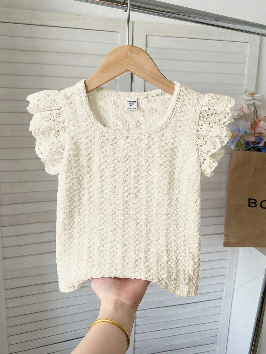 SHEIN Pink,Summer Young Girl Floral Vacation Style Beaded Ruffled Party Tank Tops,Elegant Knitted Lace-Trimmed Short Blouses For Kids Cute Girls Blouse - Beige - View 1
