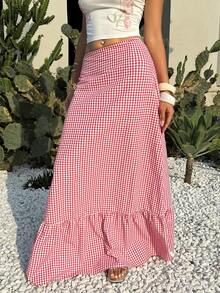 Sunnyshic Red & White Plaid Cotton Fabric A-Line Ruffle Hem Long Skirt, Women's Spring/Summer Fashion, Minimalist Commute, Casual, Beach, Elegant & Versatile - Red - View 5