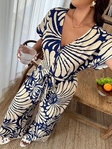 Weeklong V-Neck Printed Tie-Waist Jumpsuit, Casual Vacation & Daily Wear Jumpsuit, Spring/Summer - Multicolor - View 3