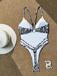 Swim SXY 1 件装女士性感斑马条纹露背交叉肩带连体泳衣夏季 - 黑與白 - 查看 4