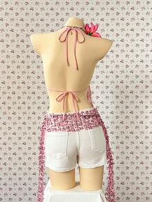 INAWLY 女士度假沙滩花卉刺绣网纱露背吊带上衣 - 粉色 - 查看 2