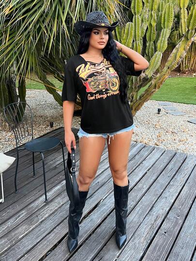 SHEIN SXY Women's Casual Motorcycle Letter Print Short Sleeve T-Shirt, Versatile For Daily Wear,Y2K ,Going Out ,Summer ,Graphic Tees Women, Y2k Clothes Women Tops, Black Graphic T Shirt Women, Graphic Tees Women Y2k, Crop Tops Women Tshirt