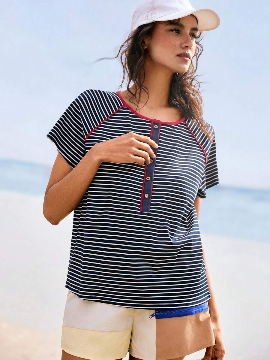 SHEIN Unity French Retro Striped Navy And White Cotton Blouse For Women,Summer Casual Loose Fit Half-Placket Raglan Sleeve Tshirt,Vacation Holiday Beach Outfit - Multicolor - View 1