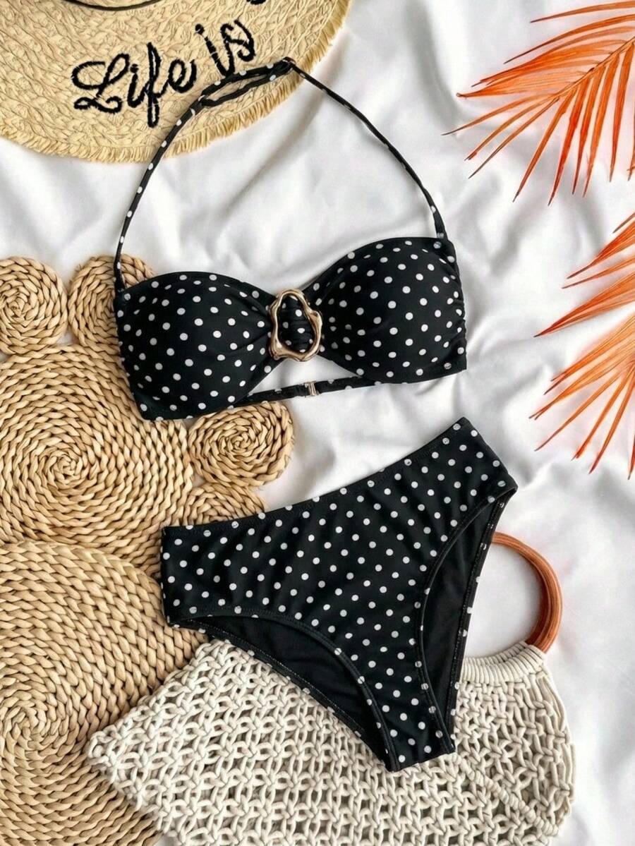 Kids Tween Girl Summer Black Polka Dot Print Strapless Tie Metallic Jewelry Bikini Set For Summer, Bathing Suit Set /Beach Girl Outfit/ Swim Suits Two Pieces/ Bathing Suits For Teens Bikini Set Black Bikini Set Polka Dot Two Piece Set Swimsuits Polka