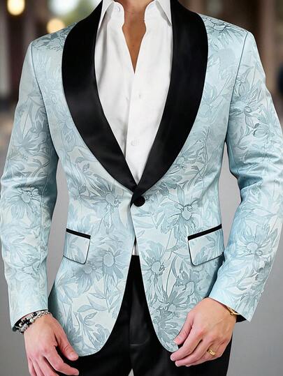 Manfinity AFTRDRK Men's Elegant Jacquard Floral Single-Breasted Suit Jacket, The Round Collar Design Adds More Style And Layering, Suitable For Daily Commute, Business, Party And Banquet Wear. This Suit Set Is An Indispensable Versatile Item In Men's Wardrobe, Making It A Great Gift For Boyfriends Or Husbands Floral Blazer For Men Blue Flowered Men Blazer Prom Blazer Wedding Jacket For Men Light Blue Suit Men,Men Old Money,Daily Leisure, Weekend Trips, Outdoor Activities, Travel Expeditions, Relaxed Work Environments Or Semi-Formal Occasions, Boyfriend/Husband Gift, Anniversary /Birthday Gift Party Summer Vacation Holiday,Wedding,Spring To Summer,Mardi Gras,Elegant Men's Slim Fit Light Blue Flower Pattern Dinner Jacket With Black Satin Collar For Prom Wedding