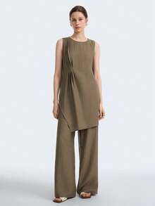 Aalyst Women's Olive Green Summer Effortless Chic Vacation Holiday Linen Blend Sleeveless Pleated Irregular Hem Long Shirt & Wide Leg Pants Two Pieces Set - Army Green - View 7