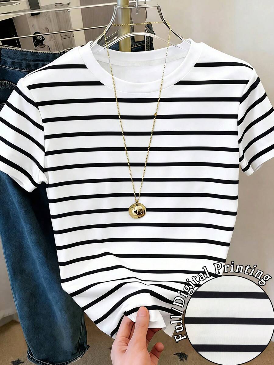 Resyla Women's Round Neck Striped Casual Versatile Daily Wear Short Sleeve T-Shirt - Multicolor - View 1