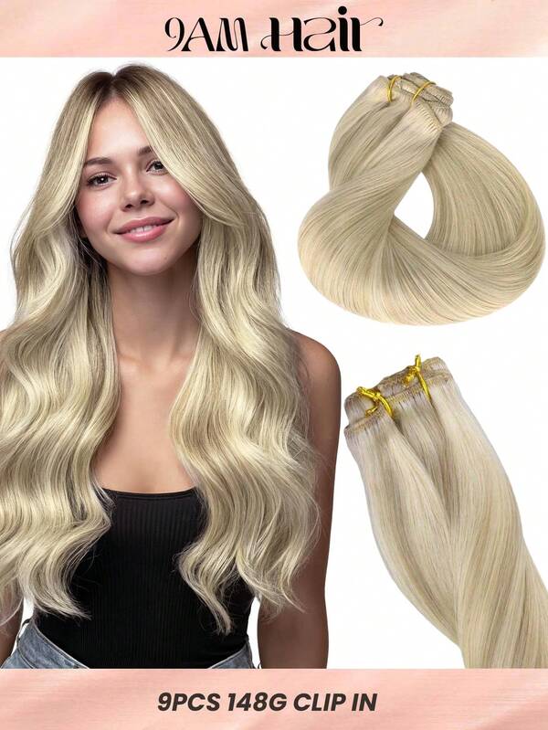 100% Real Human Hair 9PCS Straight Clip In Hair Extensions 148G 14-24 Inch Ash Blonde Highlights Platinum Color Double Weft Invisible Clip Hair Extensions Remy Natural Human Hair For Women Girls Daily Use