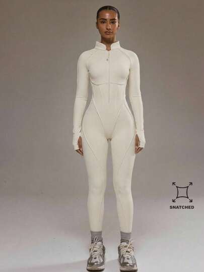 Musera Sport Contrast Piping Zip Through Open Back Fitted Long Sleeve Jumpsuit Padel Autumn Fall Winter Activewear Sport Gym Workout