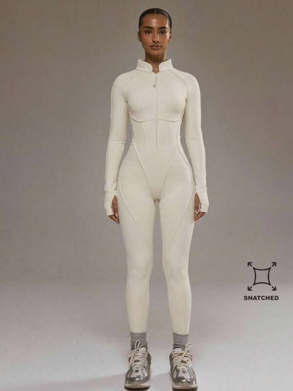 Musera Sport Contrast Piping Zip Through Open Back Fitted Long Sleeve Jumpsuit Padel Autumn Fall Winter Activewear Sport Gym Workout