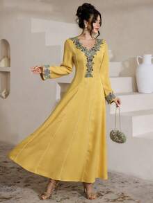 Al Najma Embroidered Lace Patchwork Elegant Modest Long Sleeve Dress - Yellow - View 2