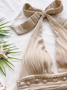 Soleia Women's Starfish Trim Textured Pleated Halter Neck Tank Top Seashell Swimsuit Ruched Swimsuit Halter Top Bathing Suit Boho Swimsuit Beige Swimsuit - Apricot - View 4