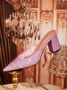 CUCCOO TILAWA Women's Fashionable Party Rhinestone Chunky Heel Pumps - Pink - View 3