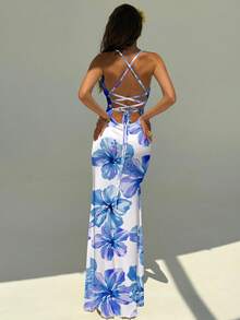 Aloruh Women's Elegant Floral Print Backless Halter Dress, Blue Floral Pattern - Blue - View 2
