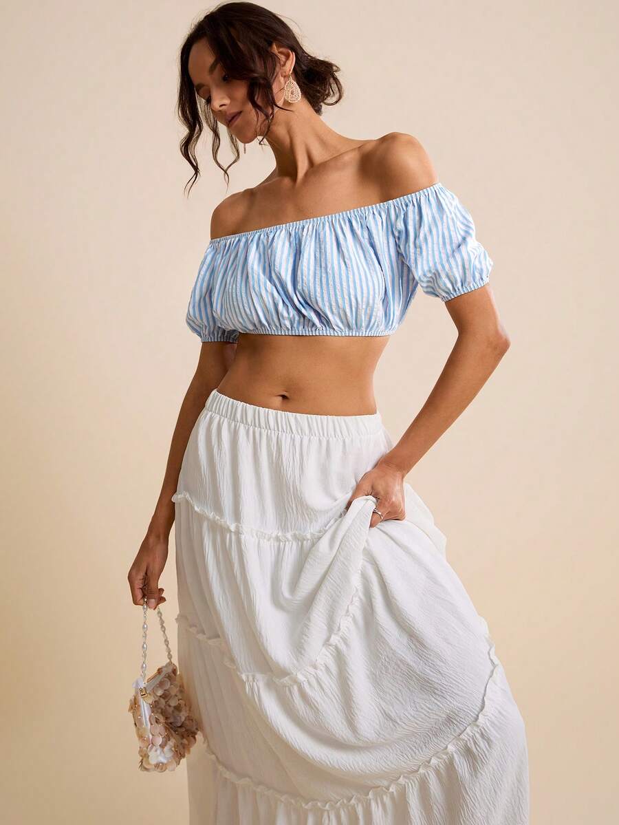 LOTSLUV Women's Blue & White Striped Off-Shoulder Short Sleeve Cropped Top, Spring/Summer - Blue and White - View 1