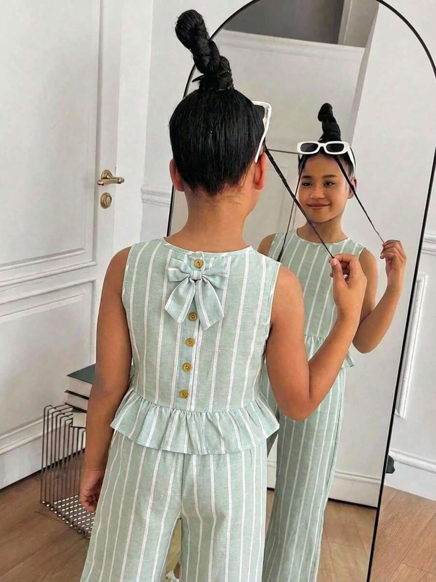 SHEIN 少女休闲荷叶边无袖T恤套装 - 綠色 - 查看 1