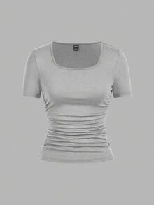 SHEIN EZwear Bộ 4 áo thun nữ tay ngắn cổ tròn màu trơn, kiểu dáng tối giản, thoải mái, thích hợp cho mùa xuân/hè. - Nhiều màu - Xem 5