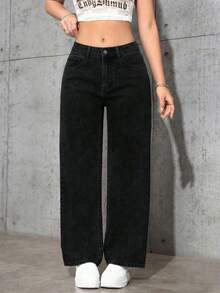 SHEIN Tall Quần jean denim nữ thời trang, thoải mái, đa năng, rộng rãi, có thể điều chỉnh. - màu đen - Xem 1