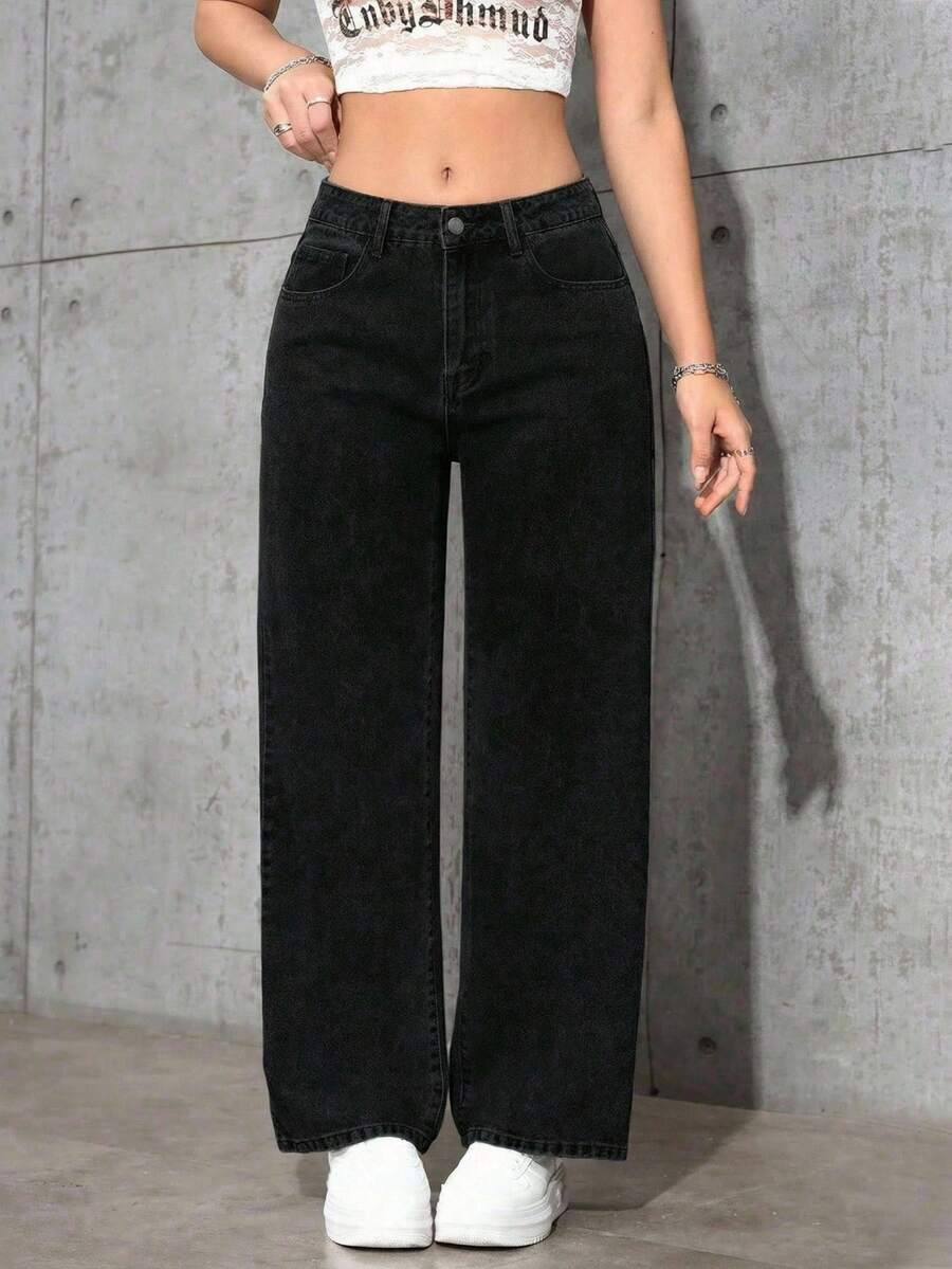 SHEIN Tall 女士时尚休闲百搭宽松可调节牛仔裤 - 黑色 - 查看 1