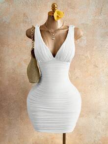 Mistrie Vestido mini ajustado con cuello en V fruncido y hombros con lazo en color amarillo - Atuendo casual/sexy de fiesta de verano para mujer - Blanco - Ver 4