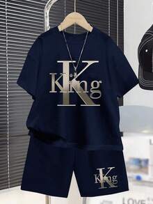 Tween Boys Casual Minimalist Round Neck Short Sleeve Shorts 2 Pieces Set, Suitable For Summer, Classic King Text Graphic Print Big Boys Outfit Sets Kids Outfit Boys Shorts Set Boys Clothing Set Boys T-Shirt And Shorts - Navy Blue - View 2