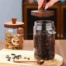 1 pieza Tarro de café de vidrio con tapa de madera y juego de cucharas, tarros de almacenamiento de alimentos herméticos para organización de la cocina - Disponible en 3 tamaños - Transparente - Ver 3