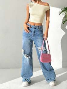 SHEIN EZwear 女士浅黄色无袖露脐背心，米黄色衬衫 - 淡黃色 - 查看 5