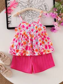 SHEIN Elladie kids Conjunto de top de tirantes y shorts con estampado floral para niñas, atuendo de verano refrescante y cómodo para salir, ropa de vacaciones dulce y linda - Rosa Fucsia - Ver 3