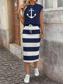 SHEIN LUNE Women's Anchor Print Cap Sleeve T-Shirt And Striped Mini Skirt Casual Suit, Summer - Multicolor - View 1