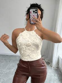 Selianne Plus Size Women's White Printed Camisole, Elegant Summer Party Backless Spaghetti Strap Top, Boho Style Daily Wear Night Out Vacation Beach - Apricot - View 5