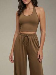 Anewsta 3 piezas Conjunto deportivo para mujer, nueva camiseta sin mangas de cuello halter + camiseta de manga larga + pantalones deportivos para fitness, running, yoga y ejercicio, traje de entrenamiento versátil para primavera, verano y otoño, color café - Café integral - Ver 5