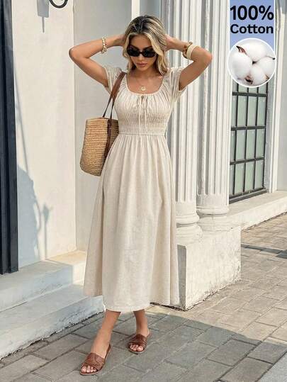 SHEIN Frenchy Women's Summer Casual Vacation Round Neck Dress,100% Cotton Puff Sleeve Maxi Dress,French Shirring, Tie-Waist, Elasticized Waist, Slimming Design,Two Ways To Wear The Collar, Gentle And Elegant Resort Dress For Summer, Summer Holiday Outfits,Summer Dresses For Women,Vacation Outfits For Women,Beach Vacation Outfits For Women,Elegant Dresses For Party,Graduation Dress For Women, Ceremony Dress,Bridesmaid Dress Off Shoulder White Dress White Vintage Dress Boho White Dress