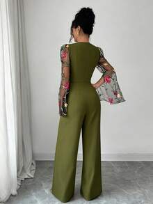 Rafferiza 2026 Frühling/Sommer Neuer eleganter minimalistischer Langarm Jumpsuit für Frauen mit besticktem Mesh-Einsatz, taillierter Passform und Metallknöpfen - Armeegrün - Übersicht 2
