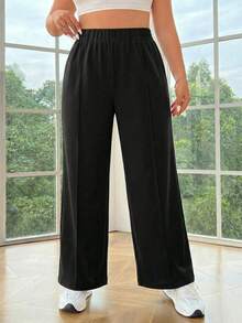 SHEIN EZwear 大码女式金属双扣直筒休闲办公裤，秋冬款 - 黑色 - 查看 1