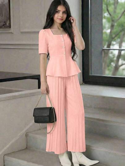 ملابس أنيقة للمراهقات للتنقل، بلوزة بياقة مربعة وأكمام قصيرة وذيل مكرر + بنطلون واسع الساق مطوي