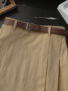 SHEIN Franclia Fashionable Casual Versatile A-Line Design With Belt Women's Spring/Summer Skirt - Khaki - View 4
