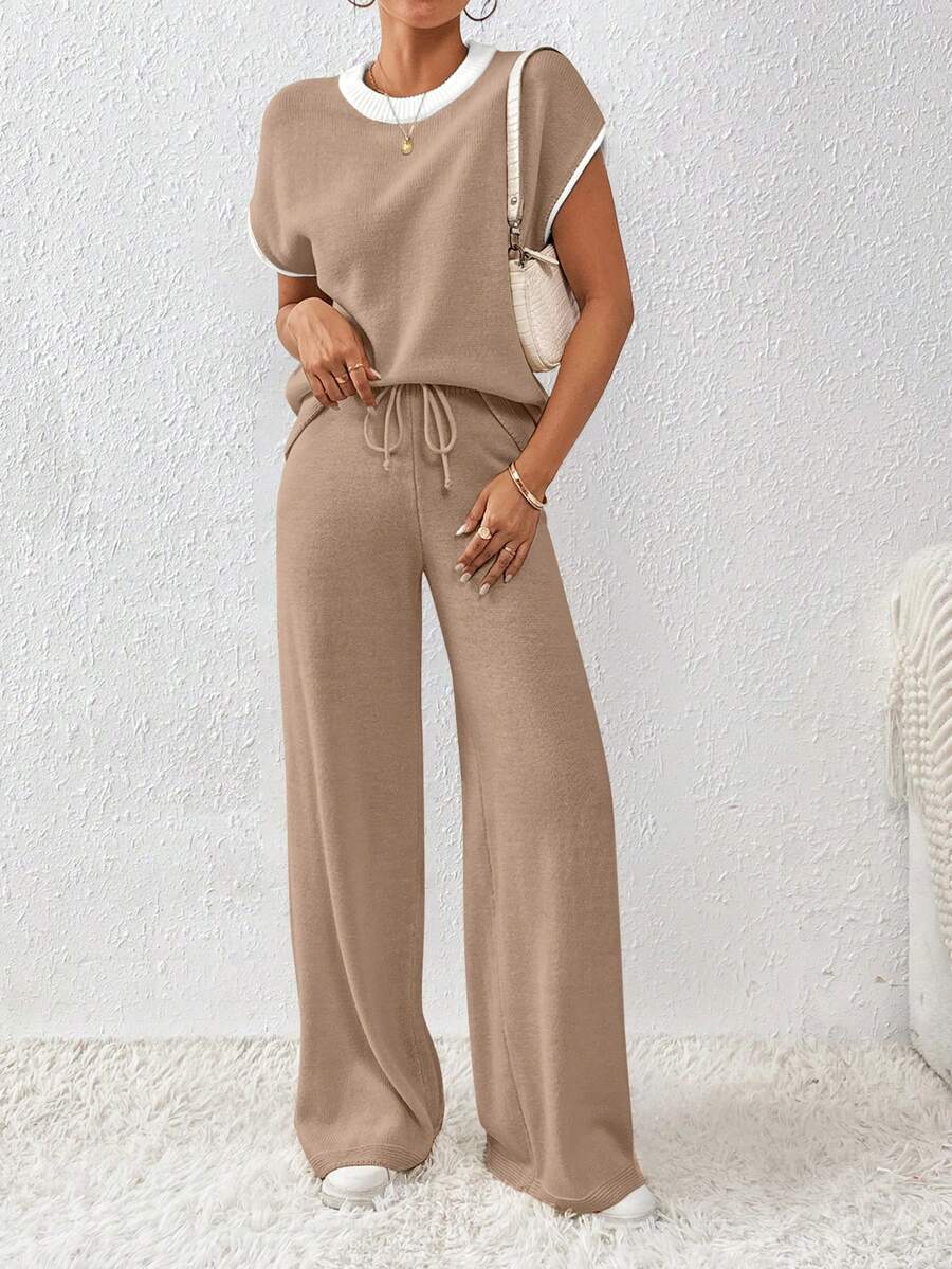 EMERY ROSE Women's Contrast Color Loose Casual Drawstring Knit 2 Pieces Set - Camel - View 1