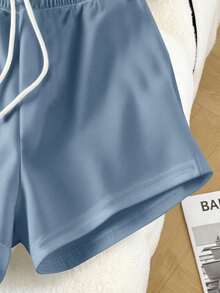 Resyla 女士纯色圆领短袖上衣搭配抽绳腰短裤，休闲日常穿搭 - 霧霾藍 - 查看 4