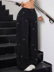 SHEIN Tall CURVE Pantaloni larghi neri con vita alta, decorati con cristalli, adatti per donna curvy, per occasioni casual, feste, matrimoni e compleanni - nero - Visualizzare 3