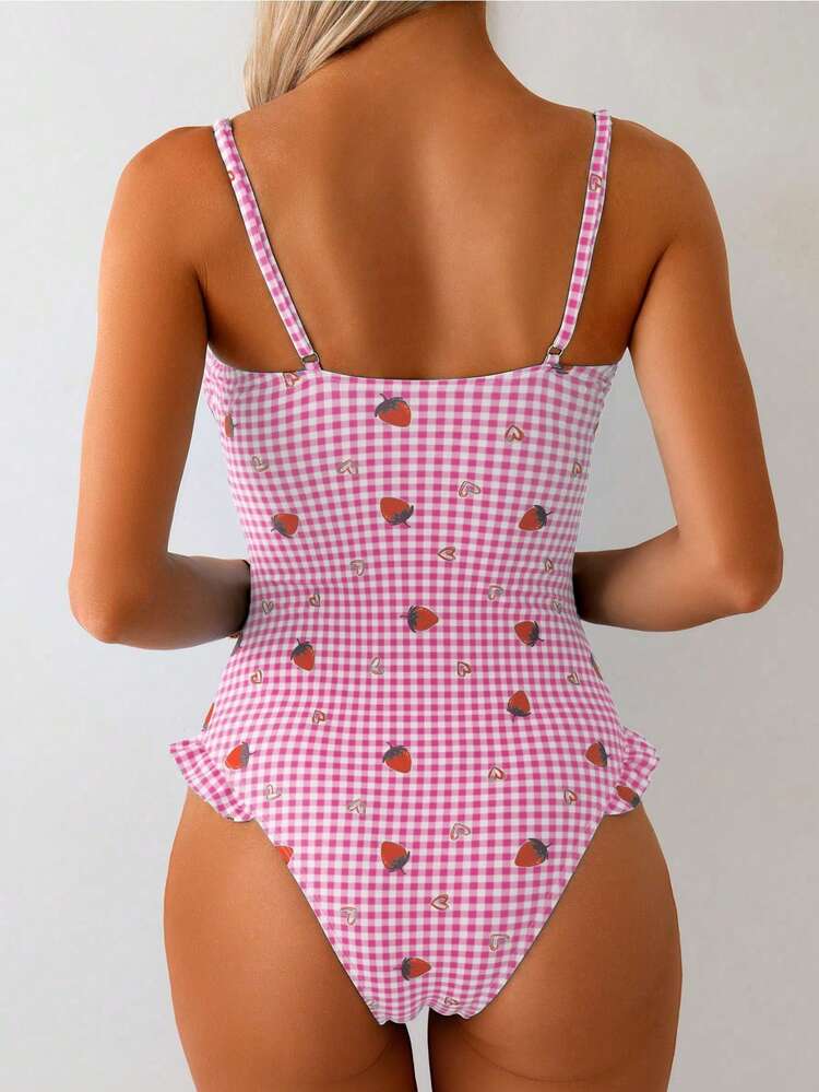 SHEIN Swim レディース ワンピース水着 チェック柄、ハート、いちご柄