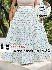 SHEIN CURVE+ Falda casual de vacaciones para mujer con estampado floral, cintura elástica y volantes en el bajo - Azul y blanco - Ver 11