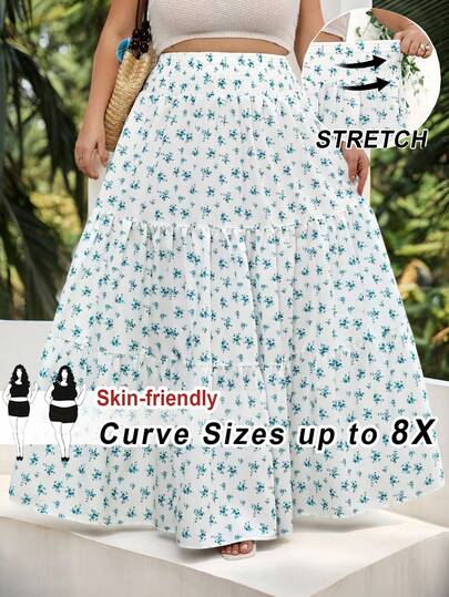 SHEIN CURVE+ Women's Casual Vacation Floral Print Elastic Waist Ruffle Hem Skirt