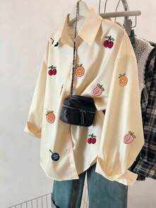 Resyla Fruit Embroidery Front Button Casual Long Sleeve Shirt - Multicolor - View 1