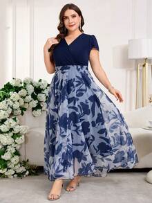 Reflora 大码女士优雅印花连衣裙，夏季婚礼宾客礼服 - 藏蓝色 - 查看 13