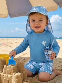SHEIN Conjunto de 3 piezas para bebé unisex: Bañador de manga larga con protección solar y gorro con estampado de árbol de coco azul, adecuado para la playa, la piscina y las vacaciones - Neblina azul - Ver 9