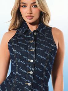 BABYPHAT Women's All Over Script Print Cinched Waist Denim Sleeveless Button Down Vest Top With Collar - Navy Blue - View 6